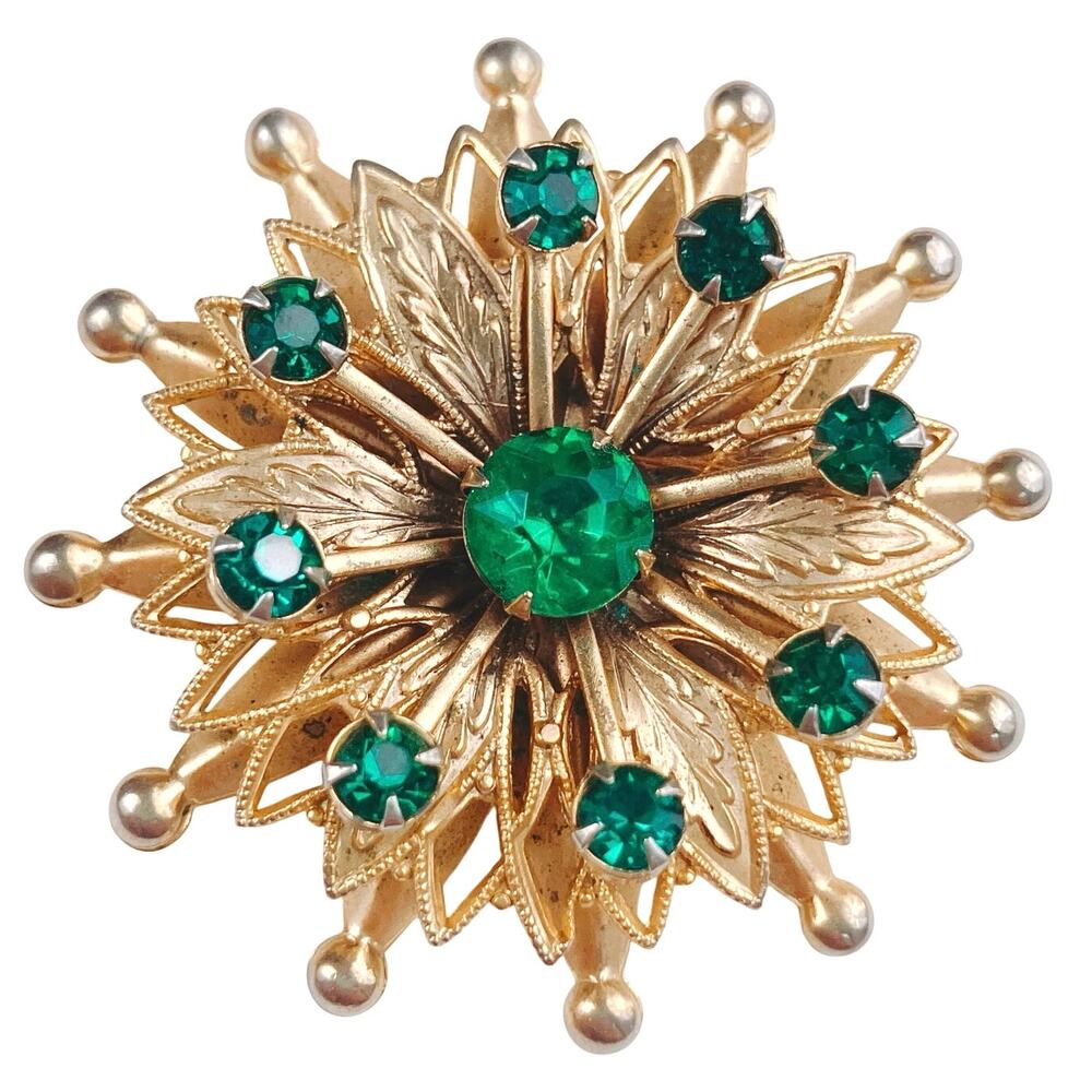 VTG Mid Century Brooch Starburst Atomic Green Rhinestone Gold Tone Pin